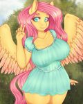  2021 5_fingers anthro cheezayballz clothed clothing digital_media_(artwork) equid equine eyelashes feathers female fingers fluttershy_(mlp) friendship_is_magic gesture hasbro hi_res looking_at_viewer mammal my_little_pony outside pegasus solo text v_sign wings 
