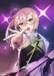  1girl absurdres ahoge artoria_pendragon_(all) bangs black_shirt blush braid commentary criss-cross_halter crossed_bangs electric_guitar fate/grand_order fate_(series) fingernails french_braid guitar hair_between_eyes hair_bun halterneck highres instrument jacket long_fingernails looking_at_viewer medium_hair music mysterious_idol_x_(alter)_(fate) open_clothes open_jacket open_mouth pillow_(blackpirou) platinum_blonde_hair playing_instrument semi-rimless_eyewear shirt sidelocks singing solo sweat upper_body white_jacket yellow_eyes 