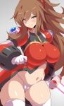  1girl android blush breasts brown_hair cameltoe gloves green_eyes high_ponytail highres holding holding_sword holding_weapon image_sample iris_(mega_man) konno_tohiro large_breasts looking_at_viewer mega_man_(series) mega_man_x4 mega_man_x_(series) rockman_x_dive smile solo sword thighhighs twitter_sample weapon white_gloves 