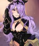  1girl armor black_armor black_panties blush breasts camilla_(fire_emblem) cleavage fire_emblem fire_emblem_fates gloves hair_over_one_eye highres kenshin187 large_breasts lips long_hair looking_at_viewer panties purple_eyes purple_hair simple_background smile solo tiara underwear very_long_hair wavy_hair 