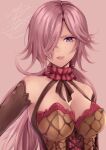  1girl black_gloves breasts choker cinderella_(sinoalice) cleavage dark_skin dark_skinned_female elbow_gloves gloves hair_over_one_eye hinata_mizuiro large_breasts looking_at_viewer open_mouth parted_lips pink_background ponytail ribbon signature simple_background sinoalice solo teeth 