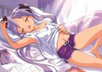  1girl arm_up armpits bangs barefoot bed bedroom black_ribbon blush closed_eyes collarbone commentary_request curtains eyebrows_visible_through_hair facing_viewer foot_out_of_frame hair_ribbon hand_on_own_stomach head_on_pillow hiiragi_kagami ichimirenge indoors knee_up long_hair lucky_star lying manga_(object) midriff mouth_drool navel on_back on_bed open_mouth photo_(object) pillow purple_hair purple_shorts ribbon second-party_source shirt short_sleeves shorts single_bare_shoulder sleeping solo thighs toes twintails very_long_hair white_shirt 