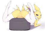  anthro anus ayzcube butt clothing eeveelution female genitals hi_res jolteon legwear looking_at_viewer looking_back nintendo pok&eacute;mon pok&eacute;mon_(species) purple_eyes pussy solo video_games 