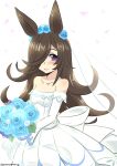  1girl :d absurdres animal_ears bangs bare_shoulders black_hair blue_flower blue_rose blush bouquet breasts collarbone commentary_request dress eyebrows_visible_through_hair eyes_visible_through_hair flower goma_(gomasamune) hair_flower hair_ornament hair_over_one_eye highres holding holding_bouquet horse_ears long_hair looking_at_viewer off-shoulder_dress off_shoulder open_mouth purple_eyes rice_shower_(umamusume) rose see-through simple_background small_breasts smile solo twitter_username umamusume veil very_long_hair white_background white_dress white_flower white_rose 