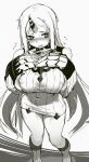  1girl :s abyssal_ship akitaka_takaaki areola_slip areolae blush breasts claws covered_nipples dithering flying_sweatdrops from_above heart highres horns kantai_collection kneehighs large_breasts long_hair looking_to_the_side monochrome pregnancy_test ribbed_sweater seaport_princess shiny shiny_skin single_horn solo sweater very_long_hair white_background 