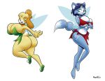  absurd_res animal_crossing anthro big_butt blue_body breasts butt canid canine canis cleavage clothed clothing disney domestic_dog duo fairy female fox hi_res hyperflannel isabelle_(animal_crossing) krystal mammal nintendo no_underwear star_fox tinkerbell tinkerbelle video_games yellow_body 