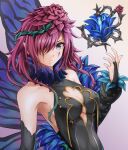  1girl armpits bare_shoulders blue_eyes breasts bridal_gauntlets butterfly_wings center_opening cleavage collarbone facial_mark fairy_wings fire_emblem fire_emblem_heroes floating floating_object flower gradient_clothes hair_vines medium_breasts medium_hair plant simple_background sleeveless solo ten_(tenchan_man) thorns triandra_(fire_emblem) vines wings 