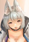  1girl animal_collar animal_ear_fluff animal_ears breast_squeeze breasts censored cleavage collar commission deep_skin grayfox highres large_breasts looking_at_viewer mosaic_censoring no_bra original paizuri popped_collar pov red_eyes saliva silver_hair sweat tongue tongue_out 