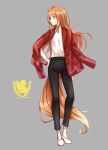  1girl animal_ears ayakura_juu black_pants brown_hair grey_background hand_on_hip holo jacket jacket_on_shoulders logo long_hair looking_to_the_side pants pouch red_eyes red_jacket shirt smile solo spice_and_wolf tail white_shirt wolf_ears wolf_tail 