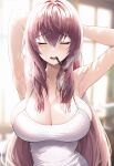  1girl armpits arms_behind_head arms_up backlighting bangs blush breasts camisole cigarette cleavage closed_eyes collarbone commentary_request eyebrows_visible_through_hair facing_viewer fate/grand_order fate_(series) highres indoors large_breasts long_hair mouth_hold open_mouth purple_hair revision scathach_(fate) scathach_(fate)_(all) smoke smoking solo straight_hair suou-sensei upper_body very_long_hair window 