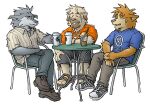  2005 anthro biped bottomwear brown_body brown_fur canid canine canis chair clothing domestic_dog fur furniture grey_body grey_fur group humanoid_hands kemono low_res male mammal pants shirt shorts sitting topwear yuuki-abe 