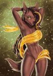  2021 anthro areola breasts brown_hair canid canine canis digital_media_(artwork) domestic_dog ear_piercing eyebrows eyelashes female green_eyes hair hi_res mammal midriff navel nipples piercing porin solo 