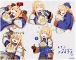  1girl agrias_oaks armor armored_dress blonde_hair blood blood_from_mouth braid braided_ponytail brown_gloves bruise drooling final_fantasy final_fantasy_brave_exvius final_fantasy_tactics fuwafuwatoufu gameplay_mechanics gloves highres injury open_mouth pillow pillow_hug sidelocks single_braid sleeping smile solo sword thumbs_up translation_request weapon 