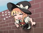  1girl bangs black_headwear black_skirt black_vest blonde_hair blush bow braid brick_wall commentary_request cookie_(touhou) eyebrows_visible_through_hair flying_sweatdrops fox_eyes hair_bow hat hat_bow johnsmith kirisame_marisa long_hair looking_at_viewer open_mouth puffy_short_sleeves puffy_sleeves red_bow short_sleeves side_braid single_braid skirt solo star_(symbol) stuck suzu_(cookie) sweatdrop through_wall touhou trembling upper_body upper_teeth v-shaped_eyebrows vest wall white_bow witch_hat 