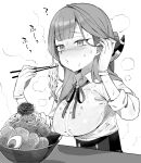  1girl :o aru_(blue_archive) bangs blowing blue_archive blush bowl breasts chopsticks eyebrows_visible_through_hair food gloves greyscale hair_behind_ear holding holding_chopsticks horns large_breasts long_hair monochrome moyori neck_ribbon noodles ramen ribbon simple_background solo sweat sweating_profusely upper_body 