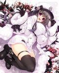  1girl ankle_boots azur_lane black_gloves black_legwear blush boots breasts coat eyebrows_visible_through_hair flower full_body fur-trimmed_coat fur-trimmed_sleeves fur_trim glint gloves grey_hair hair_ribbon hat highres large_breasts long_hair looking_at_viewer one_side_up open_mouth oshiki_hitoshi padded_coat pamiat_merkuria_(azur_lane) purple_eyes ribbon russian_clothes skindentation solo thigh_strap thighhighs v water_drop 