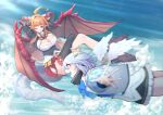  2girls above_clouds ahoge amane_kanata arms_behind_head black_legwear blonde_hair blue_bow blue_sky bow bowtie breasts brooch cleavage_cutout clothing_cutout commentary_request crossed_legs day dragon_girl dragon_tail dragon_wings eyebrows_visible_through_hair flying halo highres hololive horn_bow horns huge_ahoge jewelry kiryu_coco large_breasts long_hair mikan_(chipstar182) multicolored_hair multiple_girls one_eye_closed orange_hair outstretched_arms pointy_ears red_eyes short_hair silver_hair single_thighhigh sky streaked_hair tail thighhighs virtual_youtuber white_wings wings 