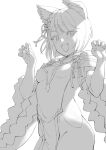  1girl animal_ears bangs breasts claw_pose dog_ears dog_girl erune granblue_fantasy highres looking_at_viewer medium_breasts monochrome okita_ababa open_mouth rope short_hair sideless_outfit simple_background sketch smile solo vajra_(granblue_fantasy) white_background 