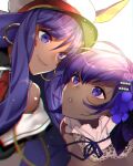  2girls absurdres animal_ears bangs bare_shoulders dark_skin dark_skinned_female ear_piercing earrings fate/grand_order fate_(series) flower hair_between_eyes hair_flower hair_ornament hassan_of_serenity_(fate) hat highres jewelry long_hair makuro multiple_girls neck_ring nitocris_(fate) piercing purple_eyes ribbon shirt short_hair smile upper_body white_shirt 