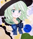  1girl :d bangs black_headwear blouse blue_bow blue_neckwear blush bow bowtie collarbone commentary_request eyeball eyebrows_visible_through_hair frills green_eyes green_hair green_skirt happy hat hat_bow komeiji_koishi looking_at_viewer marker_(medium) matsuppoi open_mouth petticoat short_hair simple_background skirt smile solo third_eye touhou traditional_media upper_body yellow_blouse yellow_bow 