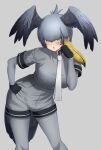  1girl absurdres bangs bird_tail bird_wings black_gloves blonde_hair bodystocking breast_pocket breasts deku_suke eyebrows_visible_through_hair feathered_wings fingerless_gloves gloves gradient_hair green_eyes grey_background grey_hair grey_shirt grey_shorts hair_between_eyes hand_on_hip head_wings highres kemono_friends large_breasts leaning_to_the_side looking_at_viewer multicolored_hair necktie open_mouth pocket shirt shoebill_(kemono_friends) shorts simple_background single_sidelock solo spread_wings tail white_neckwear wings 