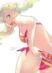  1girl adjusting_clothes adjusting_swimsuit ass bikini blonde_hair blue_eyes butt_crack earrings hair_ornament hairpin heart heart_earrings highres jewelry komugi_(mugiwaraclub) leaning_forward long_hair looking_at_viewer looking_back persona persona_5 side-tie_bikini smile standing swimsuit takamaki_anne twintails watermark white_background 