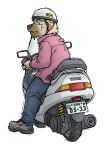  2003 anthro armor black_nose bottomwear brown_body brown_fur canid canine canis clothing domestic_dog fur headgear helmet humanoid_hands kemono low_res male mammal motorcycle pants shirt simple_background solo topwear vehicle white_background yuuki-abe 