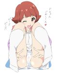  1girl ;d bangs blush commentary_request eyebrows_visible_through_hair highres idolmaster idolmaster_million_live! kneehighs legs looking_at_viewer nonohara_akane one_eye_closed open_mouth panties red_eyes short_hair simple_background sitting smile solo thighs translation_request umanosuke underwear white_background white_panties 