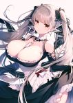  1girl absurdres azur_lane bangs bare_shoulders between_breasts breasts cleavage closed_mouth detached_collar dress earrings eyebrows_visible_through_hair formidable_(azur_lane) frills hair_ornament highres holding jewelry kat_(bu-kunn) large_breasts lips long_hair long_skirt long_sleeves looking_at_viewer platinum_blonde_hair red_eyes shiny shiny_hair shiny_skin simple_background skirt skirt_hold solo twintails 