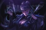  1girl bangs claws crownsforkings dark demon_girl earrings evelynn_(league_of_legends) evil_smile formal glowing glowing_eyes highres jewelry league_of_legends long_hair looking_at_viewer makeup silver_hair smile solo suit the_baddest_evelynn yellow_eyes 