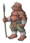  2004 anthro belly bottomwear brown_body brown_fur clothing fur humanoid_hands kemono low_res male mammal nipples overweight overweight_anthro overweight_male pants simple_background solo suid suina sus_(pig) weapon white_background wild_boar yuuki-abe 