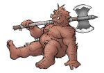  2003 anthro axe belly brown_body brown_fur fur genitals humanoid_hands kemono low_res male mammal melee_weapon moobs overweight overweight_anthro overweight_male penis simple_background sitting solo suid suina sus_(pig) weapon white_background wild_boar yuuki-abe 