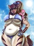  2021 anthro big_breasts bikini breasts brown_hair clothed clothing day detailed_background digital_media_(artwork) female green_eyes hair hi_res huge_breasts looking_at_viewer low-angle_view midriff navel outside porin skimpy sky slightly_chubby smile swimwear 