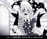  1girl american_flag american_flag_dress bottle breasts chain clownpiece commentary_request drawer dress earrings eyelashes eyeliner facial_mark facial_tattoo flag_print hat highres indoors jester_cap jewelry large_breasts leg_up lipstick long_hair looking_up makeup mirror monochrome neck_ruff older open_mouth pointy_ears ryuuichi_(f_dragon) sharp_teeth short_sleeves solo sunburst tattoo teeth tissue_box toned tongue tongue_out torch_earrings touhou translation_request upper_body w_arms 