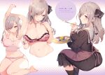  blush bra braids brown_eyes cut_(bu-kunn) gray_hair long_hair navel original panties school_uniform translation_request underwear wink 