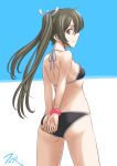  1girl alternate_costume bikini black_bikini breasts brown_eyes cowboy_shot dark_green_hair from_behind hair_ribbon highres kantai_collection long_hair ribbon small_breasts solo standing swimsuit t2r twintails white_ribbon zuikaku_(kancolle) 