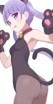  1girl animal_ears ass bell black_gloves black_leotard blush breasts brown_legwear cat_ears cat_tail choker eyebrows_visible_through_hair gloves highres hiroki_(yyqw7151) jingle_bell leotard long_hair new_game! pantyhose paw_gloves paws purple_eyes purple_hair red_choker simple_background small_breasts solo suzukaze_aoba tail twintails white_background 