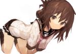  1girl absurdres black_legwear black_sailor_collar black_skirt brown_eyes brown_hair closed_mouth eyebrows_visible_through_hair folded_ponytail hair_between_eyes highres inazuma_(kancolle) kaamin_(mariarose753) kantai_collection kneehighs long_hair long_sleeves neckerchief pleated_skirt red_neckwear sailor_collar school_uniform serafuku simple_background skirt smile solo white_background 