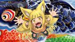  1girl :d animal_ears bangs blonde_hair blue_footwear blunt_bangs blush boots colorful curly_hair doitsuken eyebrows_visible_through_hair fangs fox_child_(doitsuken) fox_ears fox_tail from_above hands_up highres koinobori looking_at_viewer multiple_tails open_mouth orange_overalls original outstretched_arms overalls reflection ripples smile solo spread_arms standing tail thick_eyebrows two_tails wading wristband yellow_eyes 