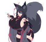  1girl animal_ear_fluff animal_ears bare_shoulders black_hair black_legwear blue_eyes blush breasts curvy detached_sleeves ear_piercing elbow_gloves fangs fingerless_gloves fox_ears fox_girl fox_tail gloves highres huge_breasts jewelry kiri_(sub-res) long_hair magatama multiple_tails nail_polish nipples off-shoulder_kimono one_eye_closed original piercing pink_nails red_nails ring shiny shiny_clothes shiny_hair shiny_skin shirt_lift sideboob simple_background sketch solo sub-res tail tail_raised thick_thighs thighhighs thighs white_background wide_sleeves zettai_ryouiki 