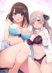  2girls bare_shoulders black_bra blue_bow blue_bra blue_eyes blush bow bow_bra bra braid breasts brown_hair embarrassed hair_ornament hands_on_own_chest highres kat_(bu-kunn) knee_up lace-trimmed_bra lace_trim large_breasts looking_at_viewer multiple_girls nail open_clothes open_shirt original panties silver_hair sitting underwear undressing upper_teeth 