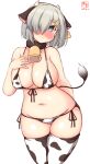  1girl absurdres alternate_costume animal_ears animal_print artist_logo bell bikini blue_eyes blush breasts cleavage collarbone commentary_request cow_ears cow_horns cow_print cow_tail cowbell cowboy_shot dated ear_tag front-tie_top groin hair_ornament hair_over_one_eye hairclip hamakaze_(kancolle) highres horns kanon_(kurogane_knights) kantai_collection large_breasts looking_at_viewer lowleg lowleg_bikini navel nose_blush one-hour_drawing_challenge short_hair side-tie_bikini silver_hair simple_background solo swimsuit tail tearing_up thighhighs white_background white_bikini white_hair white_legwear 