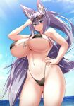  1girl animal_ears areola_slip areolae beach bikini breasts eyebrows_visible_through_hair eyewear_on_head fox_ears front-tie_bikini front-tie_top hand_on_hip highres indigo_(tylwing) large_breasts long_hair looking_at_viewer micro_bikini ocean original outdoors purple_hair side-tie_bikini sky smile standing swimsuit thong_bikini tylwing wet 