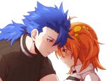  0nodera 1boy 1girl asymmetrical_bangs bangs black_shirt blue_hair blush chaldea_uniform closed_mouth cu_chulainn_(fate)_(all) cu_chulainn_(fate/prototype) earrings fate/grand_order fate/prototype fate_(series) from_side fujimaru_ritsuka_(female) hair_ornament hair_scrunchie jewelry looking_at_another orange_hair ponytail profile red_eyes scrunchie shirt short_hair side_ponytail simple_background upper_body white_background yellow_eyes 