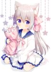  1girl :o animal_ear_fluff animal_ears bangs blue_sailor_collar blush bow cat_ears commentary_request dress eyebrows_visible_through_hair frilled_dress frilled_pillow frills grey_hair hair_between_eyes hair_bow highres long_hair long_sleeves looking_at_viewer low_twintails nakkar no_shoes original parted_lips pillow pillow_hug pink_bow purple_eyes sailor_collar sailor_dress sitting sleeves_past_fingers sleeves_past_wrists socks solo star_(symbol) twintails twitter_username very_long_hair wariza white_dress white_legwear 