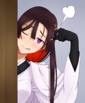  1girl bangs black_hair blush breasts claws fate/grand_order fate_(series) hair_ornament hasebe_akira japanese_clothes kimono licking_lips long_hair long_sleeves looking_at_viewer medium_breasts miss_crane_(fate) multicolored_hair one_eye_closed purple_eyes red_hair sidelocks smile tongue tongue_out two-tone_hair white_kimono wide_sleeves 