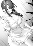  1girl :&gt; apron blush breasts cleavage collarbone cowboy_shot giuniu greyscale hair_over_shoulder highres large_breasts low_ponytail monochrome musume_janakute_mama_ga_suki_nano!? naked_apron plant second-party_source solo sweat 