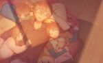  1girl 2boys absurdres braid brother_and_sister brothers closed_eyes family genshin_impact highres long_sleeves lying multiple_boys on_back orange_hair pillow shinyshynii shirt siblings sleeping sunset tartaglia_(genshin_impact) teucer_(genshin_impact) twin_braids wooden_floor 