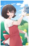  1girl apron bangs blush bob_cut border brown_hair bush cloud commentary_request courtney_(pokemon) day gloves hair_between_eyes hand_up highres holding holding_watering_can looking_at_viewer nagoooon_114 open_mouth outdoors outside_border pokemon pokemon_adventures red_apron red_eyes shirt short_hair short_sleeves sky smile solo watering_can white_border white_gloves white_shirt 