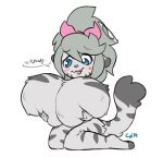  2019 anthro big_breasts blue_eyes blush breasts cherrypretzel domestic_cat felid feline felis female fur grey_body grey_fur halo hi_res holding_breast huge_breasts hyper hyper_breasts kneeling mammal simple_background solo terara_(cherrypretzel) 